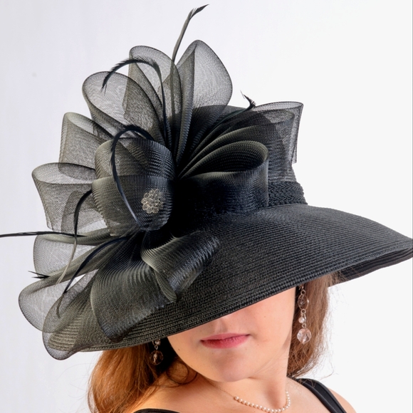 Beloved Millinery Accessories - Gorgeous Sophisticated Black Floral Accent Hat Brunch Tea Church Funeral